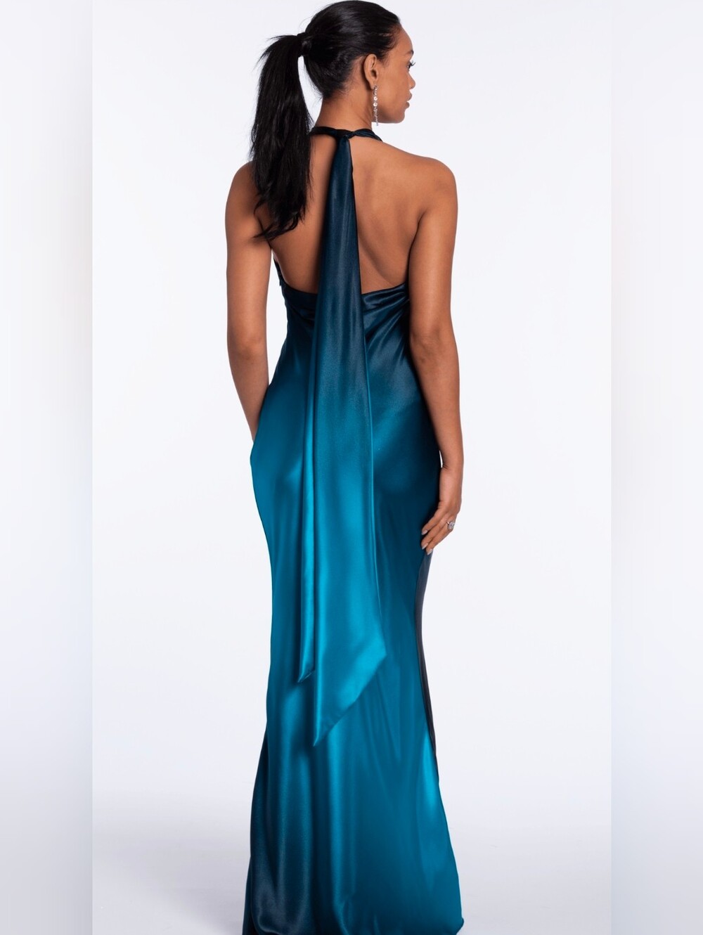 Betsy & Adam Teal Satin Halter Backless Gown Satin Ombre Drape Neck Columm(pull)